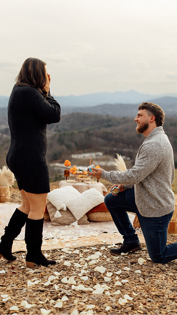 Man on one knee proposing to a woman with a scenic background cute picnic country couple avl