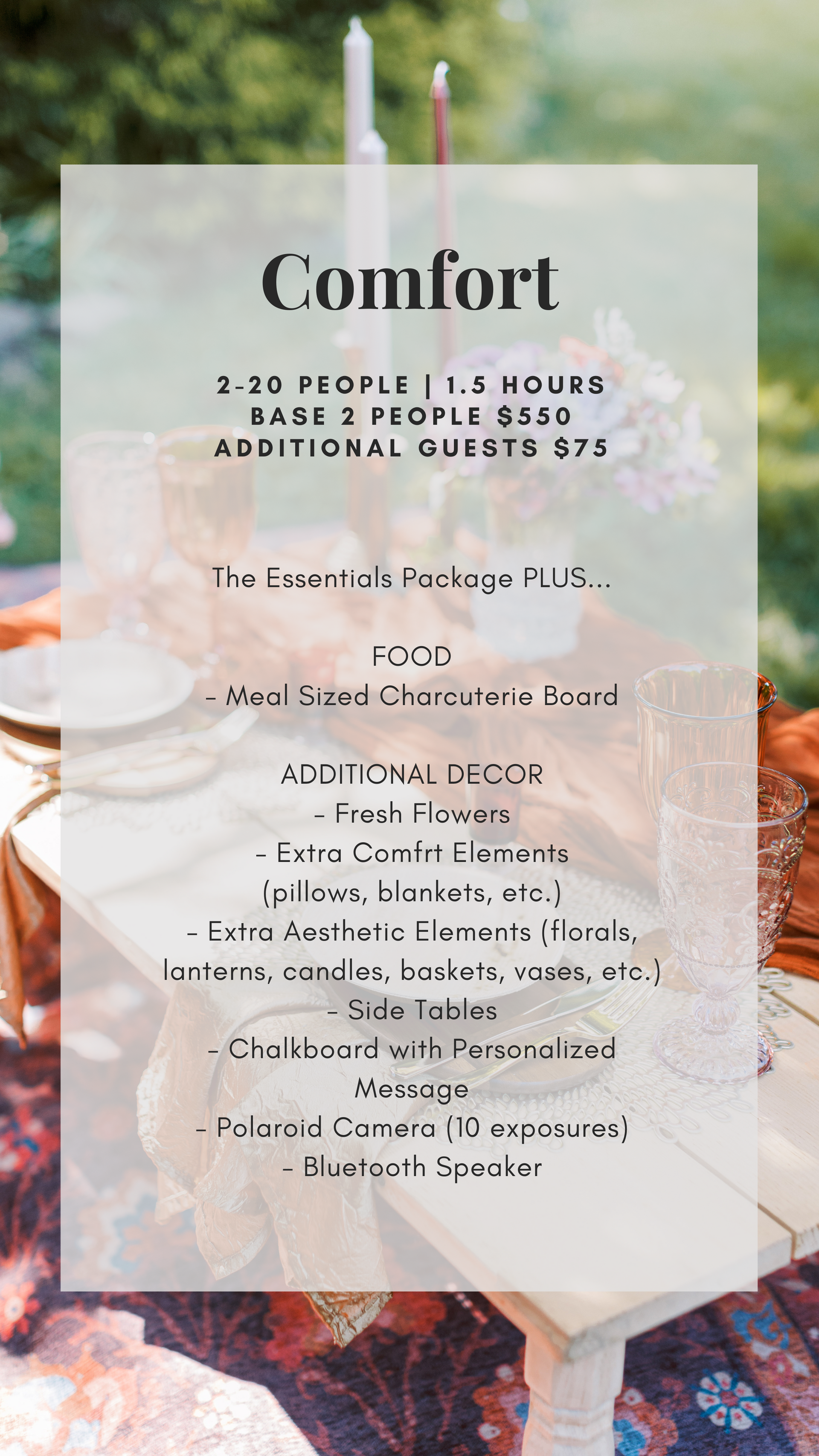 Wedding reception setup with a charcuterie board and text overlay detailing event package information. Asheville Luxury Picnics picnic pop up avl.