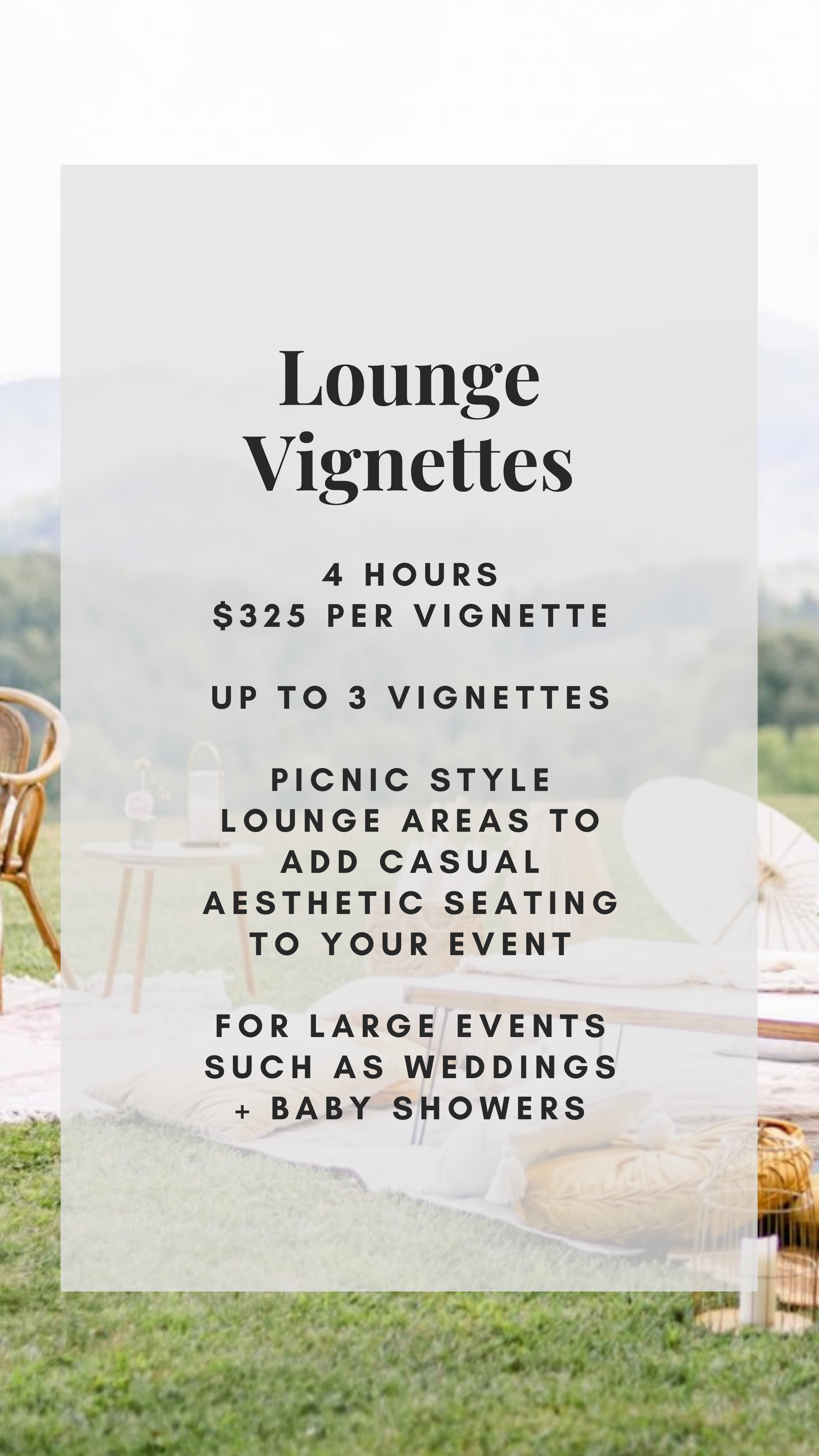 Promotional text overlay for lounge vignettes with a blurred background of outdoor seating area.
