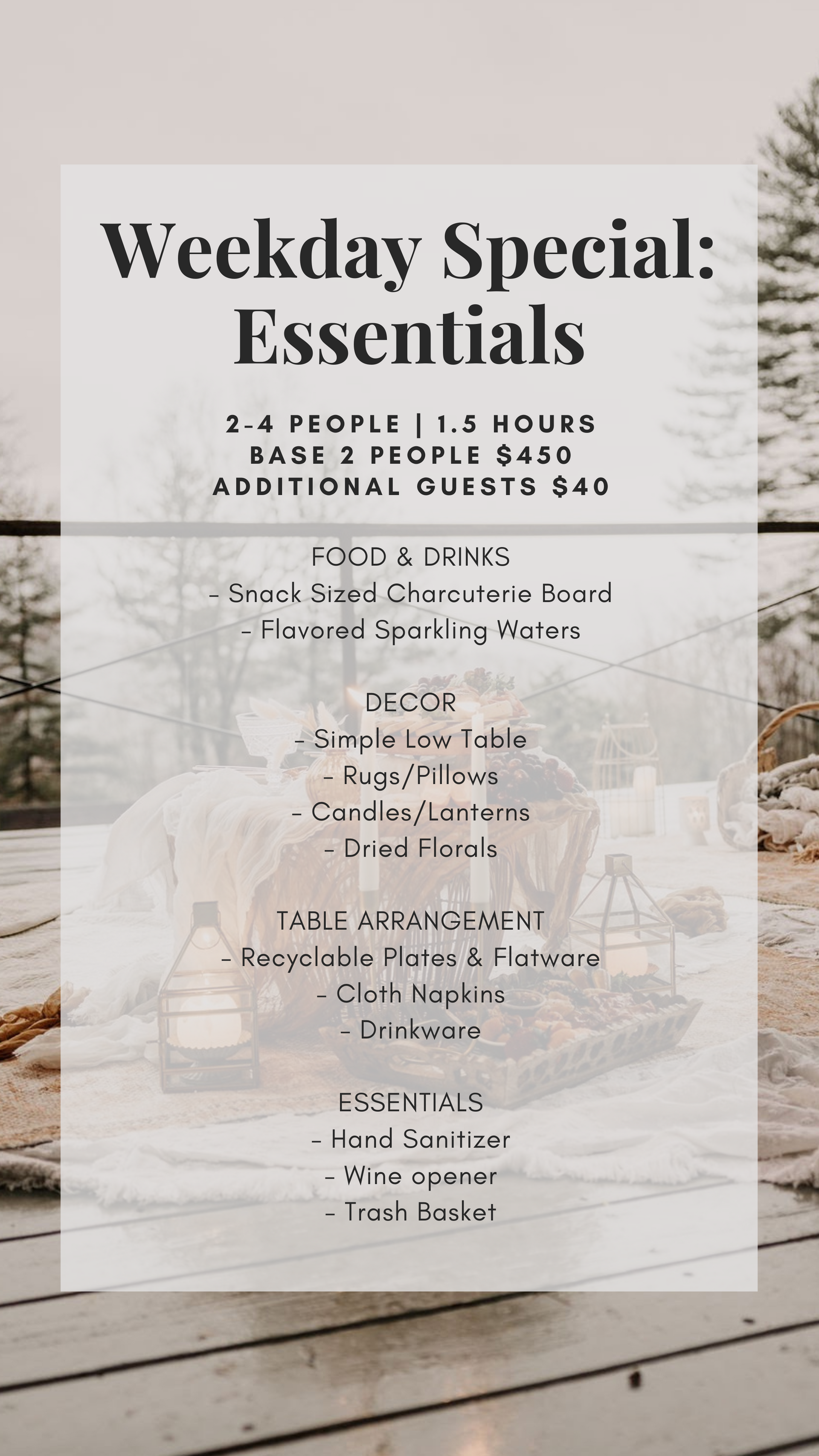 Weekday Special Essentials menu with outdoor setting. Asheville Luxury Picnics picnic pop up avl.