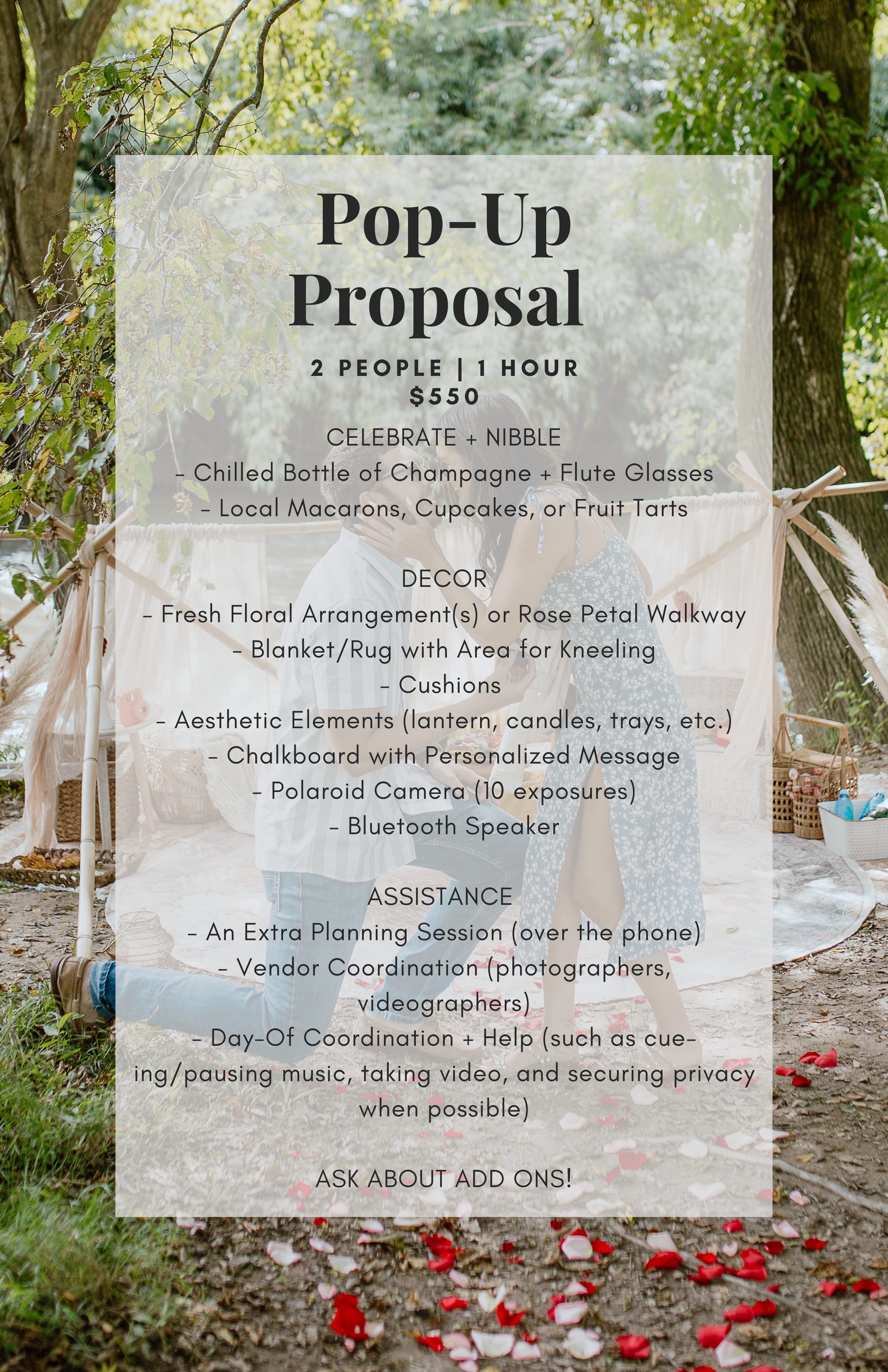 Pop-up proposal flyer with outdoor setting and decorative elements.
