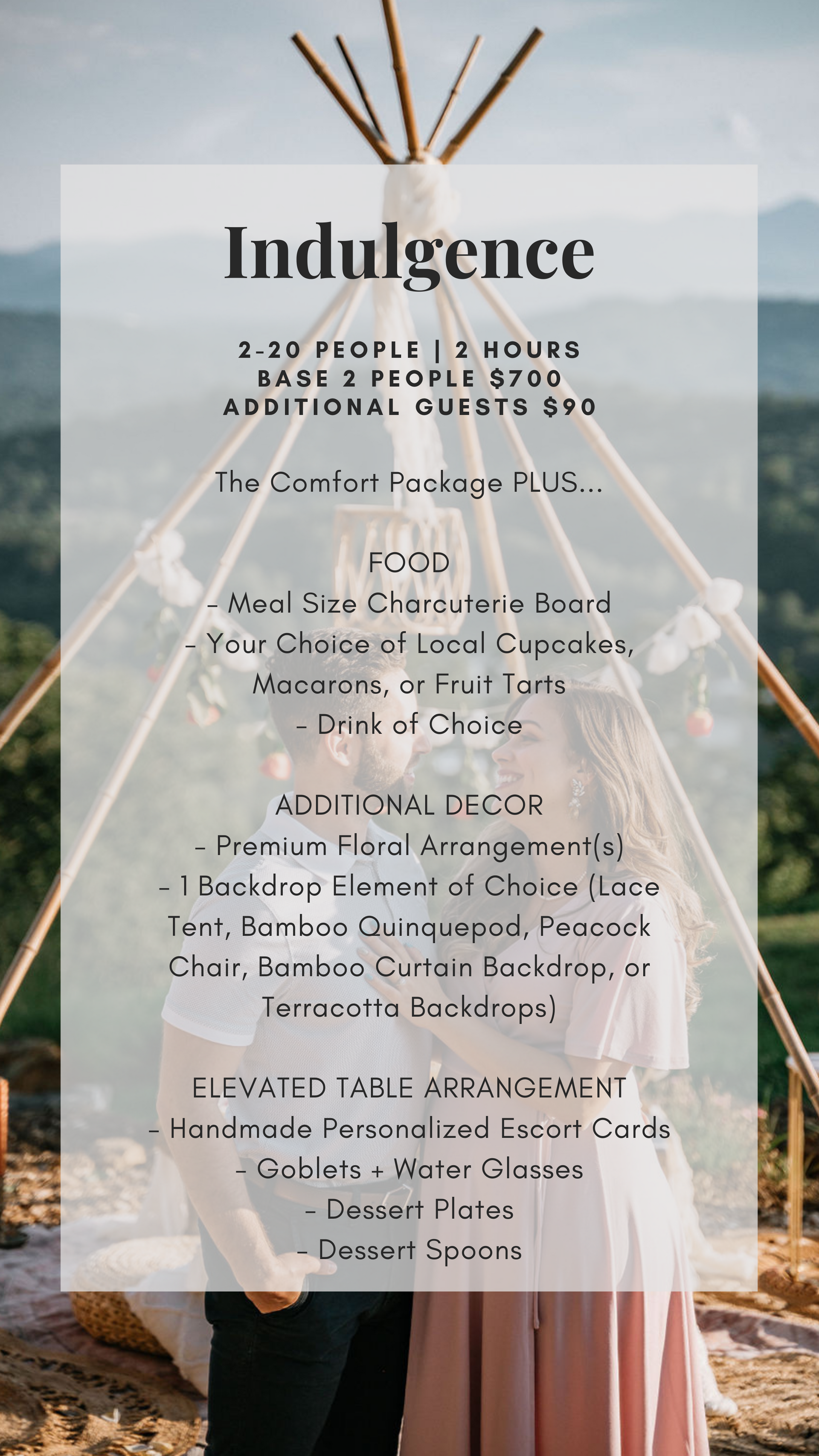 Promotional flyer for a luxury event package with teepee and scenic background. Asheville Luxury Picnics picnic pop up avl.
