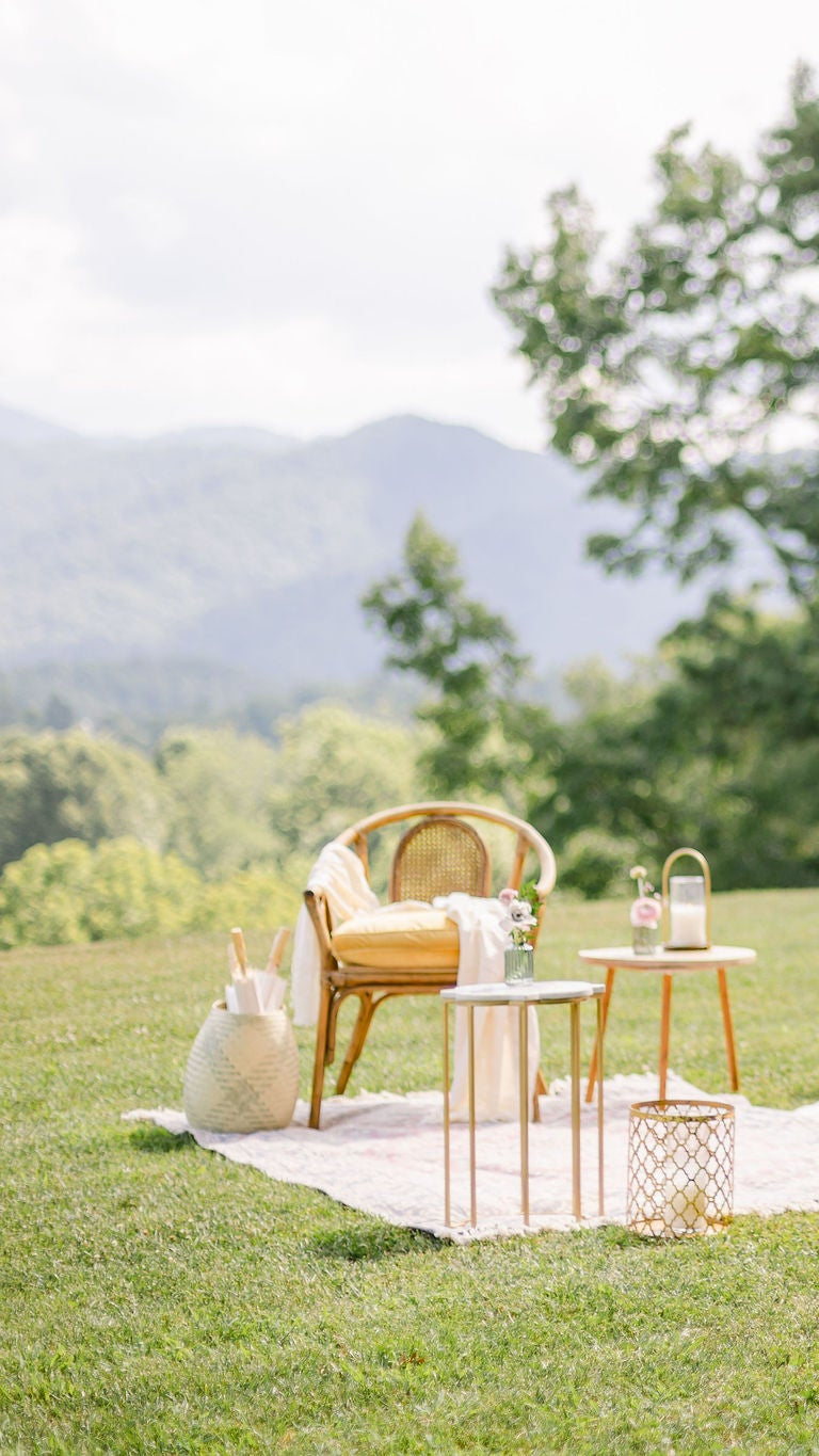 Outdoor picnic setup with tables, chairs, and decorations in a natural setting. Asheville Luxury Picnics picnic pop up avl