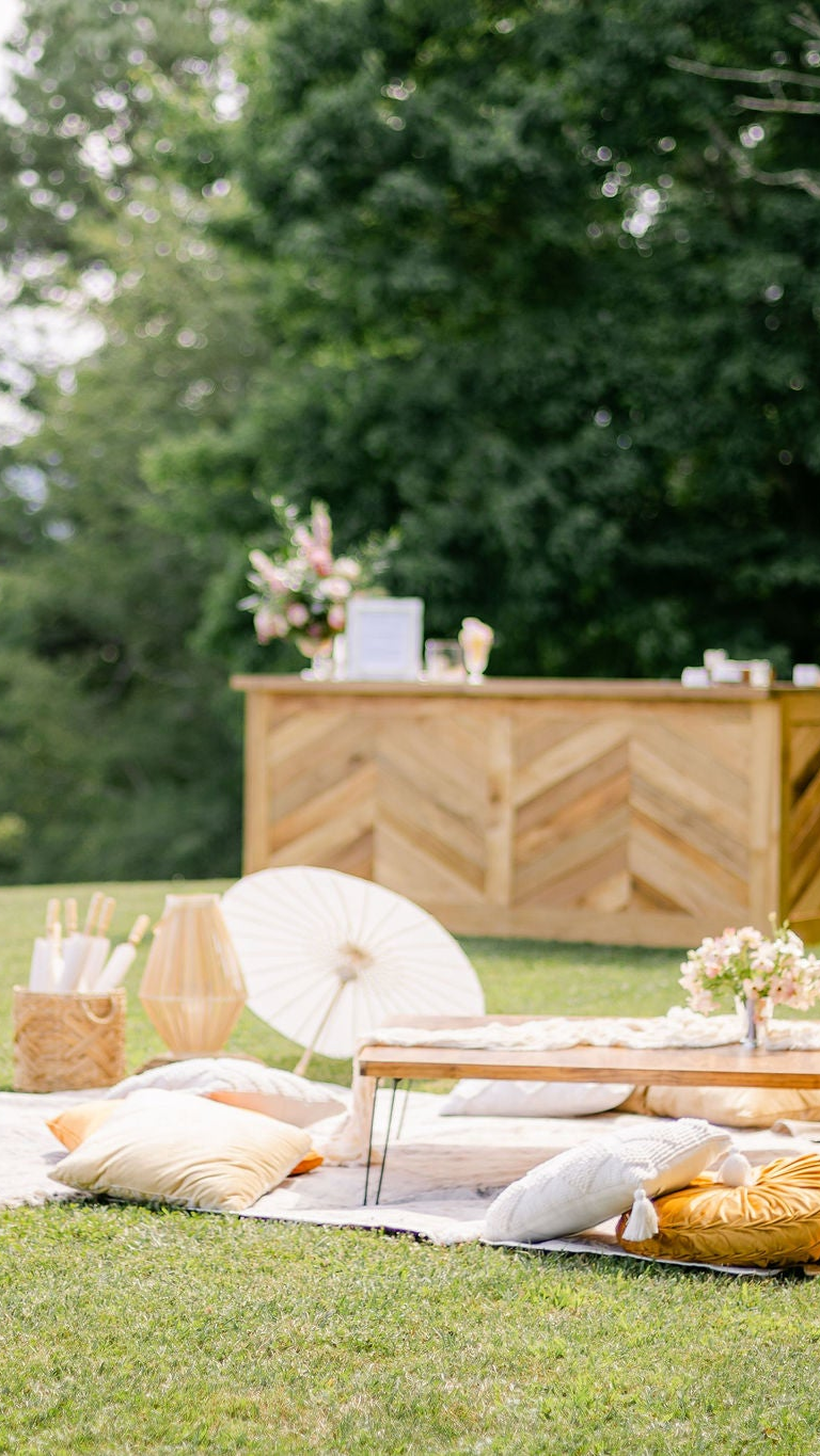 Outdoor picnic setup with tables, chairs, and decorations in a natural setting. Asheville Luxury Picnics picnic pop up avls