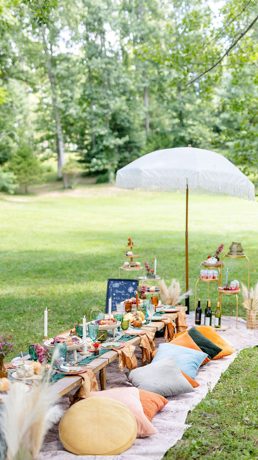 Outdoor picnic setup with table, food, and umbrella on a grassy field.  asheville luxury picnics. pop-up picnic. picnic pop-up avl